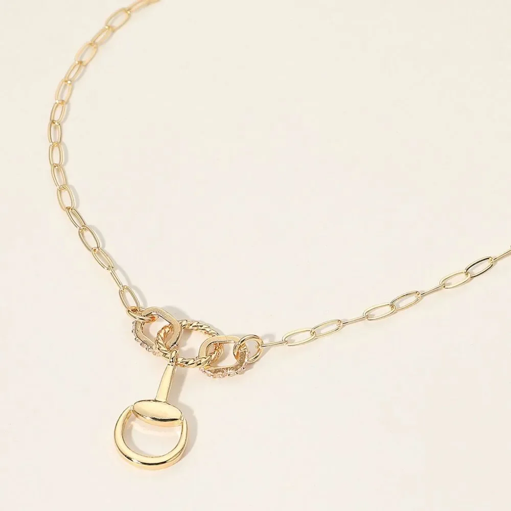 Gold Horsebit Charm Paperclip Link Chain Rhinestone Crystal Pendant Necklace